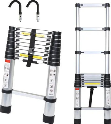 Produktbild von Jopassy Teleskopleiter Alu Leichtgewicht Rutschfester 2,6m Silber + Haken Multifunktionsleiter Mehrzweckleiter Ausziehbare Leiter 15 Stufe Stehleiter aus Hochwertigem Aluminium Belastbarkeit 150KG