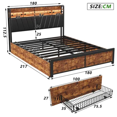 Zdjęcie produktu dla Łóżko z miejscem do przechowywania – tapicerowane łóżko platformowe 180 x 200 cm – 4 szuflady – oświetlenie LED – stacja ładująca USB – czarne z wykończeniem imitującym drewno