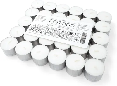 Obrázok produktu pre Sviečky v hliníkových obaloch, biele, priemer 3,8 cm, výška 2,5 cm, bez dymu, doba horenia: 8 hodín (30 kusov v balení)