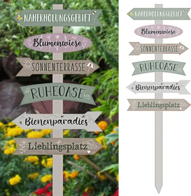 Produktbild von Gartenschild Wegweiser Schild Holzschild 76cm Gartendeko naturfarben grün verschiedene Schriften