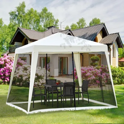 Produktbild von Gartenpavillon 3x3m – wetterfestes Partyzelt mit Moskitonetz, aus Metall & Polyester, Cremeweiß