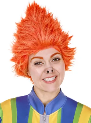 A woman wearing a costume wig and outfit.