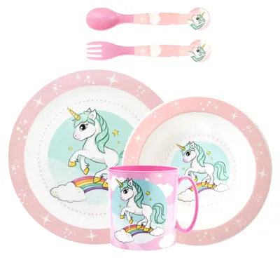Productafbeelding van Omgoods - Herbruikbaar Unicorn Kindertafelservies - Bord, Kom, Bestek en Mug Set