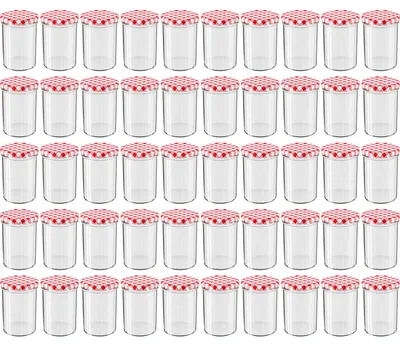 Produktbild von WELLGRO Einmachgläser rot kariert 435ml mit Schraubdeckel - 435 ml, 8,5 x 12 cm (ØxH), Glas / Metall, rot karierte Deckel To 82, Gläser  Germany, verschiedene Mengen wählbar