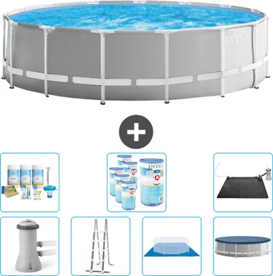 Produktbild von Intex Round Prism Frame Swimming Pool – 457 x 122 cm – Grau – inklusive Pumpe – Leiter – Bodenplane – Abdeckung Wartungspaket - Filter - Solarmatte