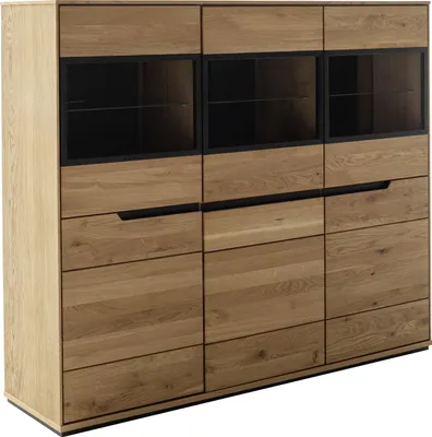 Produktbild von Highboard ARAYA aus massiver Wildeiche und Glas, schwarz, mit 3 Holz- und 3 Glastüren