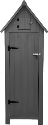 Produktbild von Gartenschrank aus Holz [Grau], Wasserfest, Abschließbare Türen, 3 Regale 4 Haken, Dachluke, Bodenbefestigungskit, Schraubenabdeckungen, Asphaltdach [INKL. Vorhängeschloss & 4 Schlüssel]