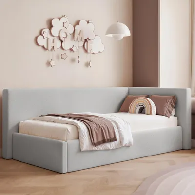 Produktbild von Eckbett Jugendbett Sampre 120x200 cm Grau Rechts Strukturstoff – Bettkasten, Metalllattenrost