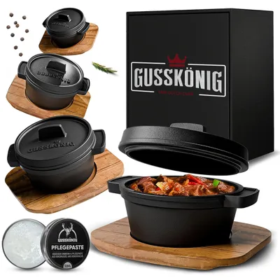 Produktbild von GUSSKÖNIG Dutch Oven Set Mini Topf mit Deckel 4Stk je 300 ml Pflegepaste