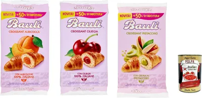 Produktbild von Bauli Cornetti Testpaket, Ciliegia, Albicocca und PIstacchio Croissant Apricot Brioche Cake 100% Italian Apricots 3x 300 g + Italian Gourmet polpa 400g