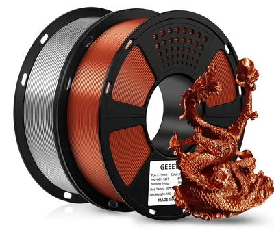 Image de Filament pour imprimante 3D - PLA Soie - 1,75 mm - 2 kg - 343 mètres - Surface brillante et soyeuse - Pour imprimantes FDM - Argent et cuivre