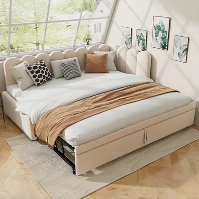 Immagine prodotto di Sweiko 2-in-1 divano letto multifunzionale a L (90/180 x 200 cm), velluto beige Letto imbottito Design salvaspazio Può essere utilizzato come letto per bambini o letto per ospiti.