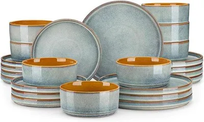 Productafbeelding van Servies Set - Diner Servies - Tafel Dekken - Unieke Reactive Glazuur - Voor 8 Personen - Blauw Groen