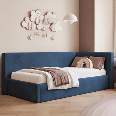 Produktbild von Eckbett Jugendbett Sampre 90x200 cm Dunkelblau Rechts Chenille – Bettkasten, Metalllattenrost