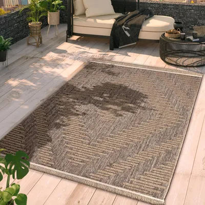 Produktbild von TT Home In-& Outdoor Teppich Wohnzimmer Wetterfest Balkon Boho Blattmotiv 3D Fransen Größe 80x150 cm