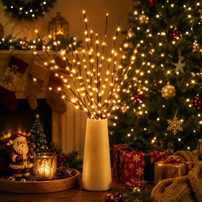 Produktbild von 3er Set LED Weihnachtsdeko, Lichtzweige Warmweiß Batteriebetrieben, Dekolicht für Wohnzimmer Schlafzimmer, Tischdeko Vase Party Weihnachtsbeleuchtung
