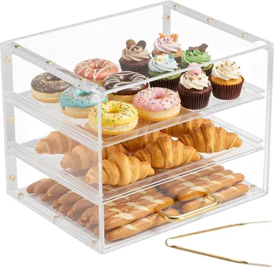 Image de Vitrine à pâtisseries - Vitrine de boulangerie à 3 niveaux - Verre acrylique - Porte battante à l'avant - Cloison amovible - Pour pâtisseries et desserts - Dimensions 33 x 26 x 26 cm - Usage professionnel - Transparente