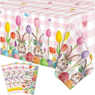 Obrázok produktu pre Jednorazová obruska na stôl, motív Veľkonočné, 4 kusy, ružové tulipány, králik, 130 x 220 cm, vodeodolná