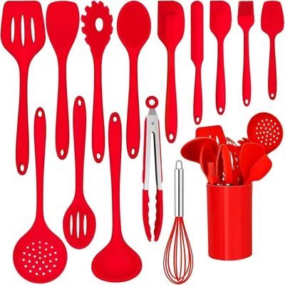 Productafbeelding van Keukenaccessoires set, 15-delig, siliconen kookgerei, hittebestendig, met houder, rood