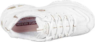 A top-down view of a white Skechers D-Lites sneaker with gold accents.