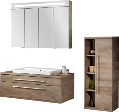 Produktbild von Fackelmann STANFORD Badmöbel Set 4-teilig, 110 cm breit, Braun, Keramik+Spiegelschrank+Midischrank