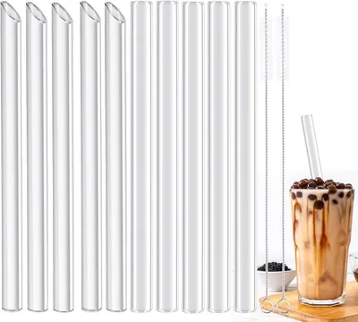 Obrázek produktu pro Skleněné brčka – sada 10 kusů – dlouhá – rovná – 14 mm x 215 mm – opakovaně použitelné – brčka