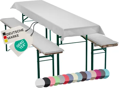 Produktbild von NYVI Bierbankauflagen Set NYVIGala 240x90 cm Weiß - 1x Tischdecke für 220x70 cm Biertische & 2x Gepolsterte Auflage für 220x25 cm Bierbänke - Sitzauflage für Bierzeltgarnitur