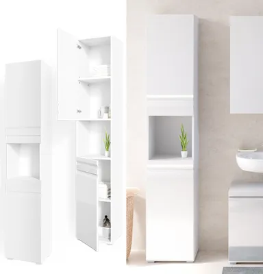 A collage of images showing a white high-gloss bathroom cabinet from different angles, including one with the door open.