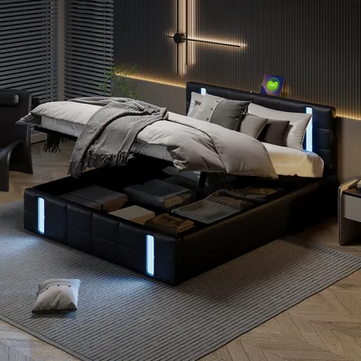 Obrázok produktu pre CDGlobal čalúnená posteľ 160x200cm úložný priestor s LED a USB, manželská posteľ box spring s lamelovým roštom a úložným priestorom, funkčná posteľ pre mladých, PU, čierna