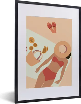 Produktbild von MuchoWow® MuchoWow® Gerahmtes Poster Frauen - Hut - Pantoffeln - Strand 30x40 cm - Poster mit zchwarzem Bilderrahmen - Wandposter Schlafzimmer