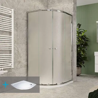 Immagine prodotto di Set doccia Mereo in Kora Lite, quarto di cerchio, 90 cm, cromo ALU, vetro Grape e piatti in marmo fuso - CK35131ZM