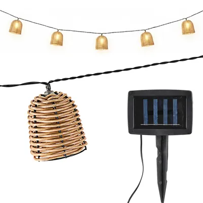 Produktbild von LED Solar Lichterkette Rattan 380x6,5x5,5cm Kunststoff 10 Lampenschirme warmweiß akkubetrieben Zuleitung 2m On-/Off-Schalter IP44 Solarleuchte