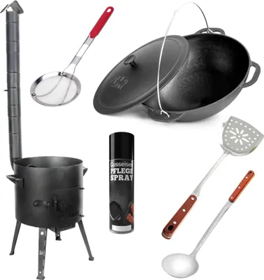Produktbild von Premium Gusseisen Kazan Set 15 L mit Ofen Utschak Feuerofen Ø40 cm Uchag 2mm Stahl mit Abzugsrohr 15L Kasan Gusseisendeckel Gulaschkanone Feuerstelle Feldküche
