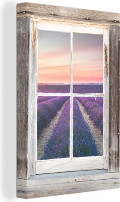 Produktbild von OneMillionCanvasses® - Leinwandbilder - 90x140 cm, Durchsichtig - Lavendel - Holz, - Geöffnetes Fenster - Fensterblick Schlafzimmer Kunstdruck Wanddekoration - Foto auf Leinwand - Gemälde auf Holzrahmen  - Wandschmucke - Schlafzimmer