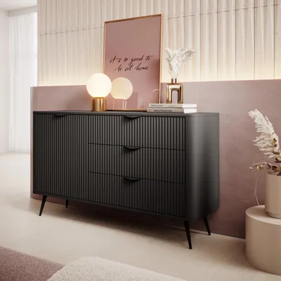Productafbeelding van Kommode/dressoir FLORE, 138 cm, zwart, geribbeld, 1 lade, 3 deuren