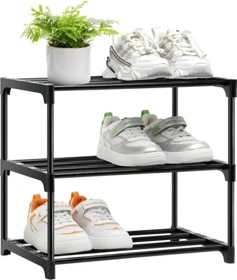 Image de étagère à chaussures en métal noir à 3 étages - Peut accueillir 6 paires de chaussures - Empilable et ventilée