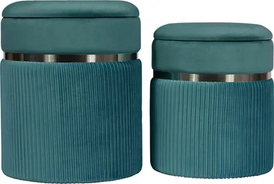 Two teal ottomans of different sizes are shown side-by-side against a white background.