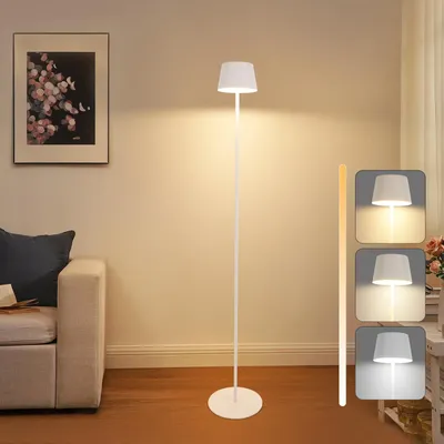 A white floor lamp is shown in a living room setting next to a sofa, with a framed picture on the wall. To the right, there are three smaller images showing different light settings of the lamp.