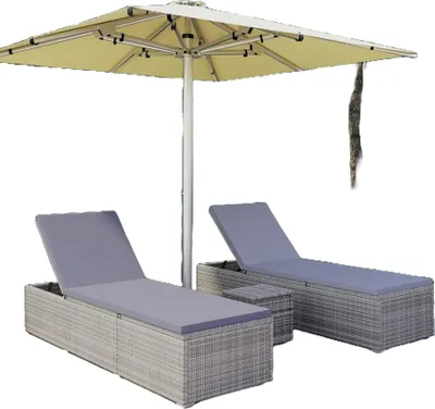 Image de vidaXL 3 pcs. Bains de soleil de jardin avec table de thé Poly rotin gris