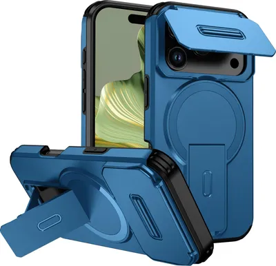 Produktbild von Magnetisch Hülle für iPhone 17 Pro, Dual Layer Stoßfest Handyhülle mit Dia Kameraschutz, Verstellbarem Ständer Blau