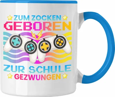 Produktbild von Trendation - Gamer Tasse Geschenk Jungen Zocker Mitbringsel Männer Zocken Gaming Geschenkideen PC Kinder Zubehör Spruch Lustig Zur Schule Gezwungen (Blau)