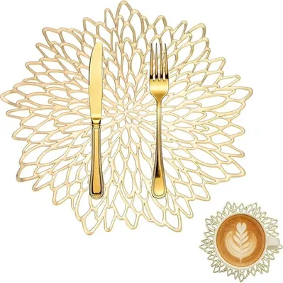 Produktbild von PolkaHome® Set von 6 goldenen Platzsets aus PVC, Ø 38 cm, abwaschbar, hitzebeständig und rutschfest, Tischsets für Küche, Hochzeit,