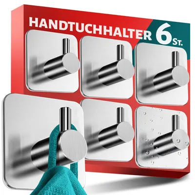 Produktbild von Handtuchhalter ohne Bohren, 6er-Set, aus 304 Edelstahl, wasserdichte Klebehaken fürs Badezimmer, 10 kg selbstklebende Handtuchhaken, silber Haken, Ideal für Fliesen