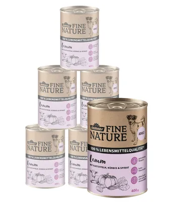 Produktbild von Dehner Fine Nature Hundefutter, Nassfutter getreidefrei / zuckerfrei, für ausgewachsene Hunde, Lamm / Kartoffel, 6 x 400 g Dose (2.4 kg)