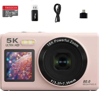Produktbild von Digitalkamera 5K 80MP mit Dual-Display & 18X Zoom, Autofokus Foto- und Videokamera für Reise & Vlog, HD-Kamera mit Typ-C-Adapter (Rosa)