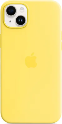 A yellow iPhone 14 Plus case is shown from the back on a white background.