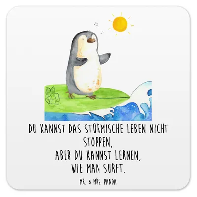 Produktbild von Mr. & Mrs. Panda Tassenuntersetzer Pinguin Surfer 6er Set - Weiß - Geschenk, Optimistisch, Urlaub, Untersetzer für Gläser, Motiviert, Portugal, Glas-Untersetzer, Coaster