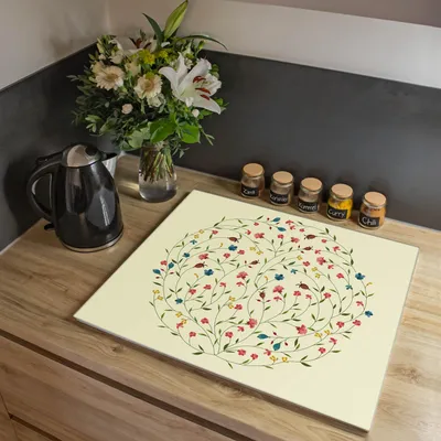 Produktbild von banjado Herdabdeckplatte einteilig 60,x52cm groß mit Gummi Abstandshalter, ESG Sicherheitsglas mit Motiv Blumenreigen [HAP1 10755]