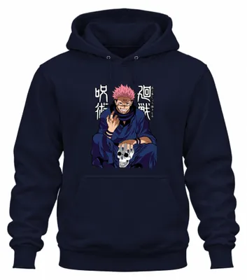 Zdjęcie produktu dla Bluza z kapturem Sukuna Jujutsu Kaisen – motyw demona z czaszką, anime, straszna, mroczna, uni , granatowa, rozmiar M