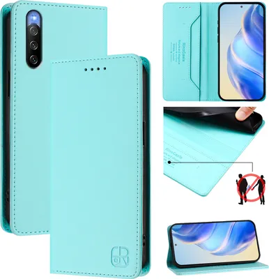 Obrázek produktu pro Kožené pouzdro pro Sony Xperia 10 V, flipové pouzdro s přihrádkami na karty, peněženkou a stojánkem Tyrkysový